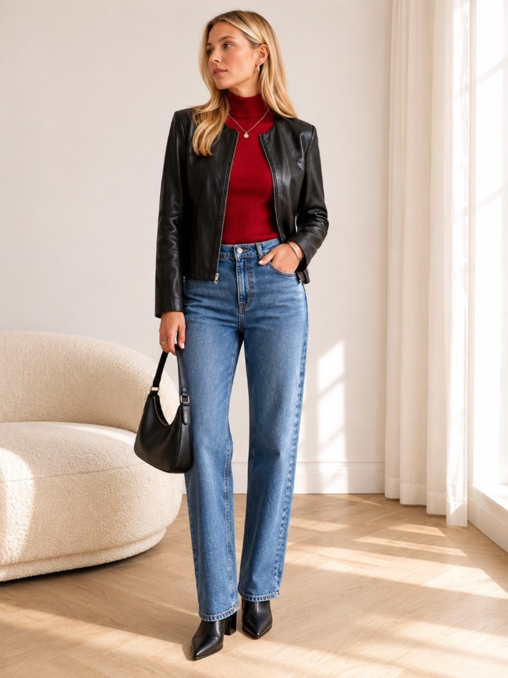 Edgy Moto-Chic 90s-Grunge Elevated Biker-Lite Black Leather Jacket, size Large - Picture 5 of 14